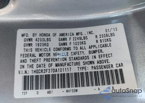 2013 Honda Accord Lx z USA, uszkodzony, nr VIN 1HGCR2F37DA101117